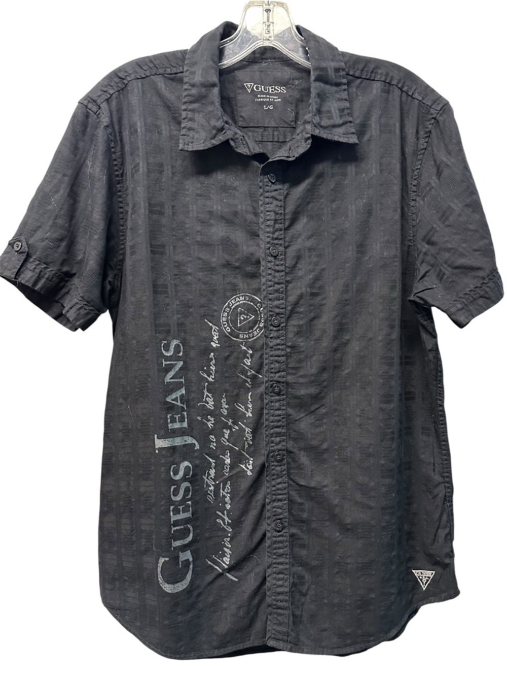 Guess Black Short-Sleeve Button-Down Shirt with  Logo Print M